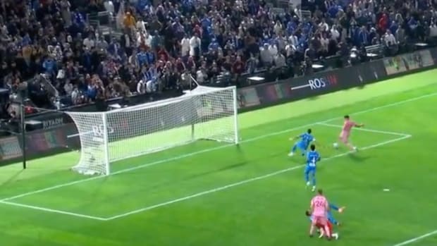 Luis Suarez pictured (right) scoring his first goal for Inter Miami during a pre-season game against Al-Hilal in January 2024
